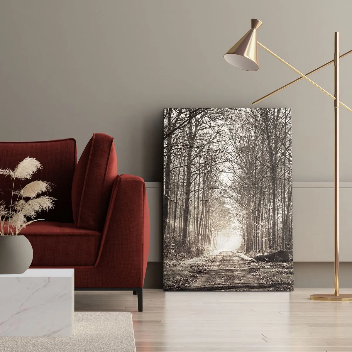 Impression sur toile - Image sur toile - Un chemin forestier parmi des arbres aux tons sépia - 70x100cm - Cathédrale de la forêt - Décoration murale moderne pour le salon et la chambre ARTTOR