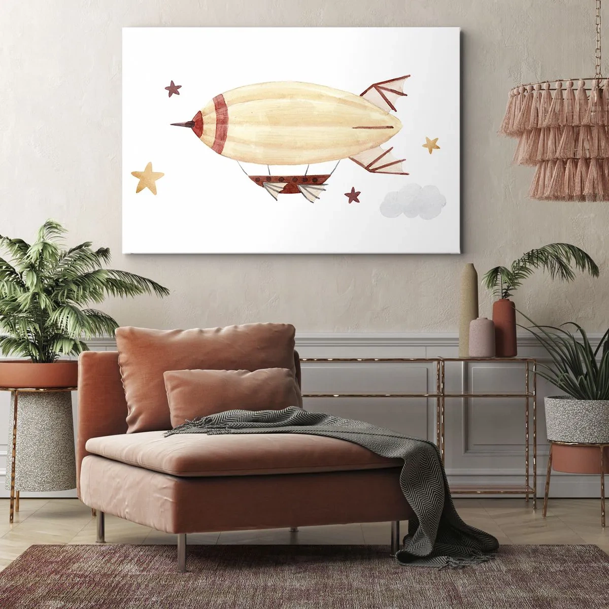 Impression sur toile - Image sur toile - Un dirigeable peint à la main sur fond d'étoiles - 70x50cm - Dirigeable - Décoration murale moderne pour le salon et la chambre ARTTOR