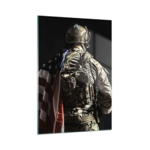 Impression sur verre - Image sur verre - Un soldat avec un drapeau américain sur un fond sombre - 50x70cm - C'est exactement pour ça - Décoration murale moderne pour le salon et la chambre ARTTOR