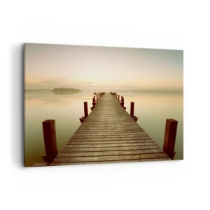 Impression sur toile - Image sur toile - Une jetée en bois sur un lac calme le matin - 100x70cm - L'aube, les premières lueurs, le jour  - Décoration murale moderne pour le salon et la chambre ARTTOR