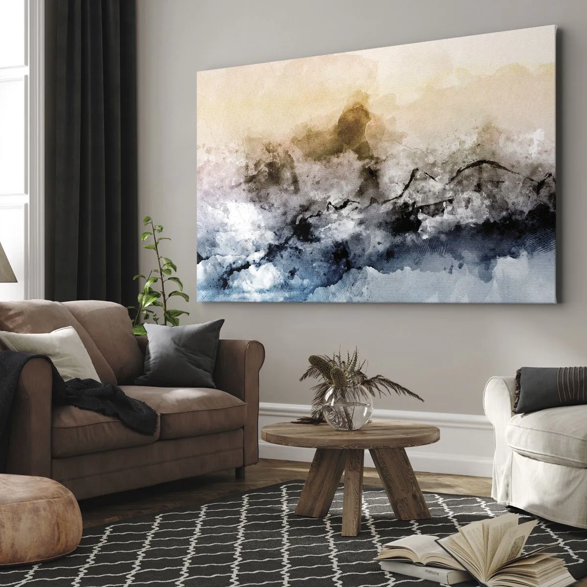 Impression sur toile - Image sur toile - Paysage abstrait avec brouillard et couleurs subtiles - 120x80cm - Noyé dans un nuage de brouillard - Décoration murale moderne pour le salon et la chambre ARTTOR
