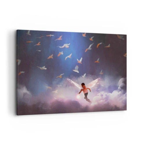 Impression sur toile - Image sur toile - Une figure avec des ailes d'ange flottant parmi les oiseaux dans le ciel - 120x80cm - Il faut de l'imagination et du courage - Décoration murale moderne pour le salon et la chambre ARTTOR