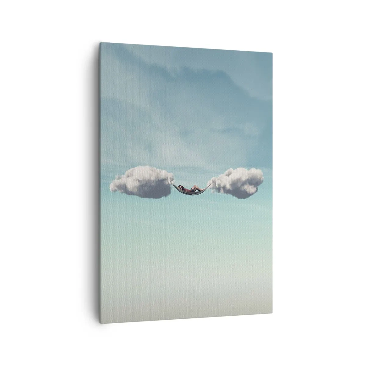 Impression sur toile - Image sur toile - Une personne se détendant dans un hamac suspendu dans les nuages - 70x100cm - Instant de bonheur - Décoration murale moderne pour le salon et la chambre ARTTOR