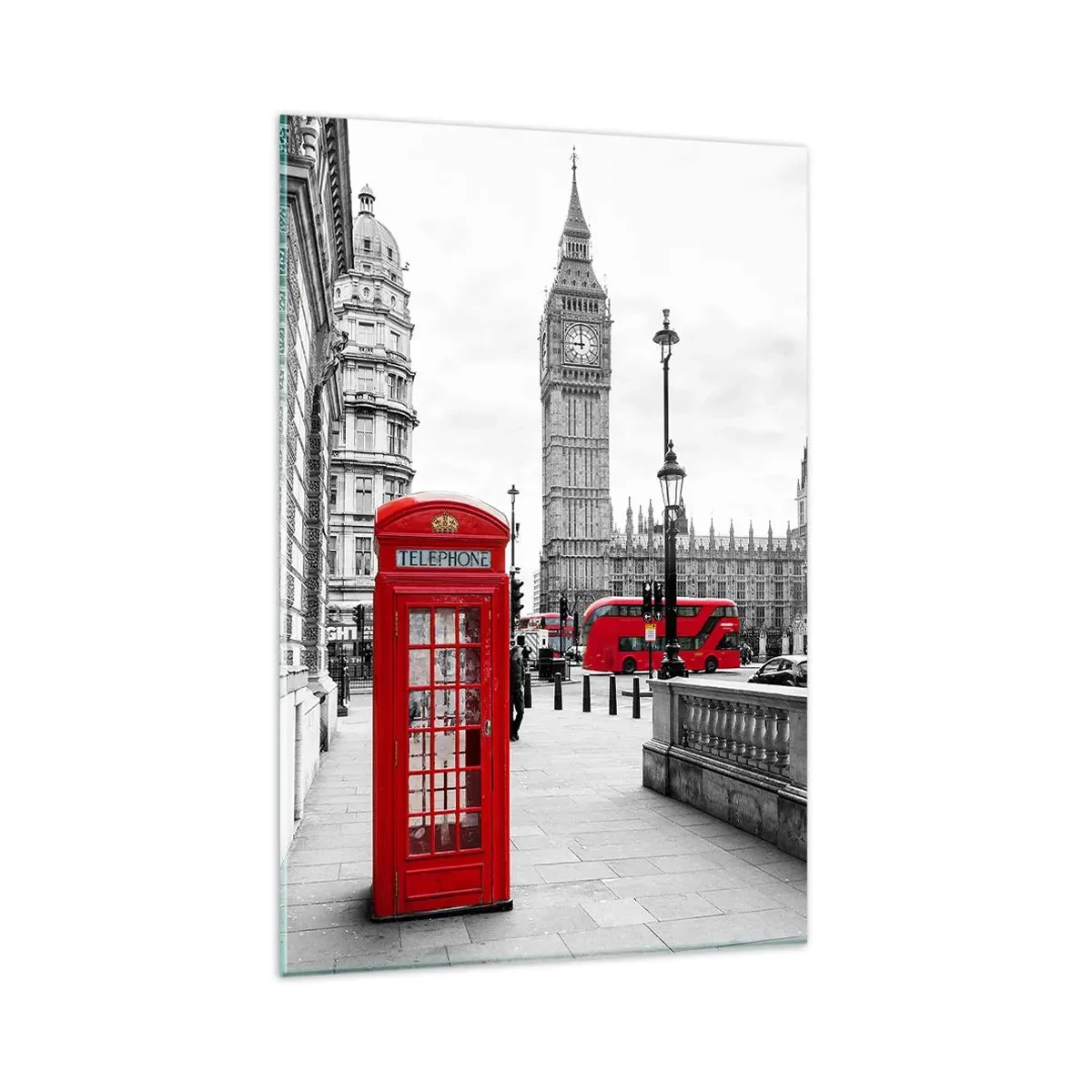 Impression sur verre - Image sur verre - Une cabine téléphonique rouge avec Big Ben en arrière-plan à Londres - 80x120cm - Sans aucun doute Londres - Décoration murale moderne pour le salon et la chambre ARTTOR