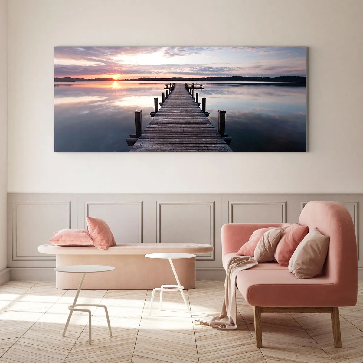 Impression sur verre - Image sur verre - Une jetée sur un lac au coucher du soleil dans un paysage paisible - 120x50cm - Une frontière tranquille entre le jour et la nuit - Décoration murale moderne pour le salon et la chambre ARTTOR