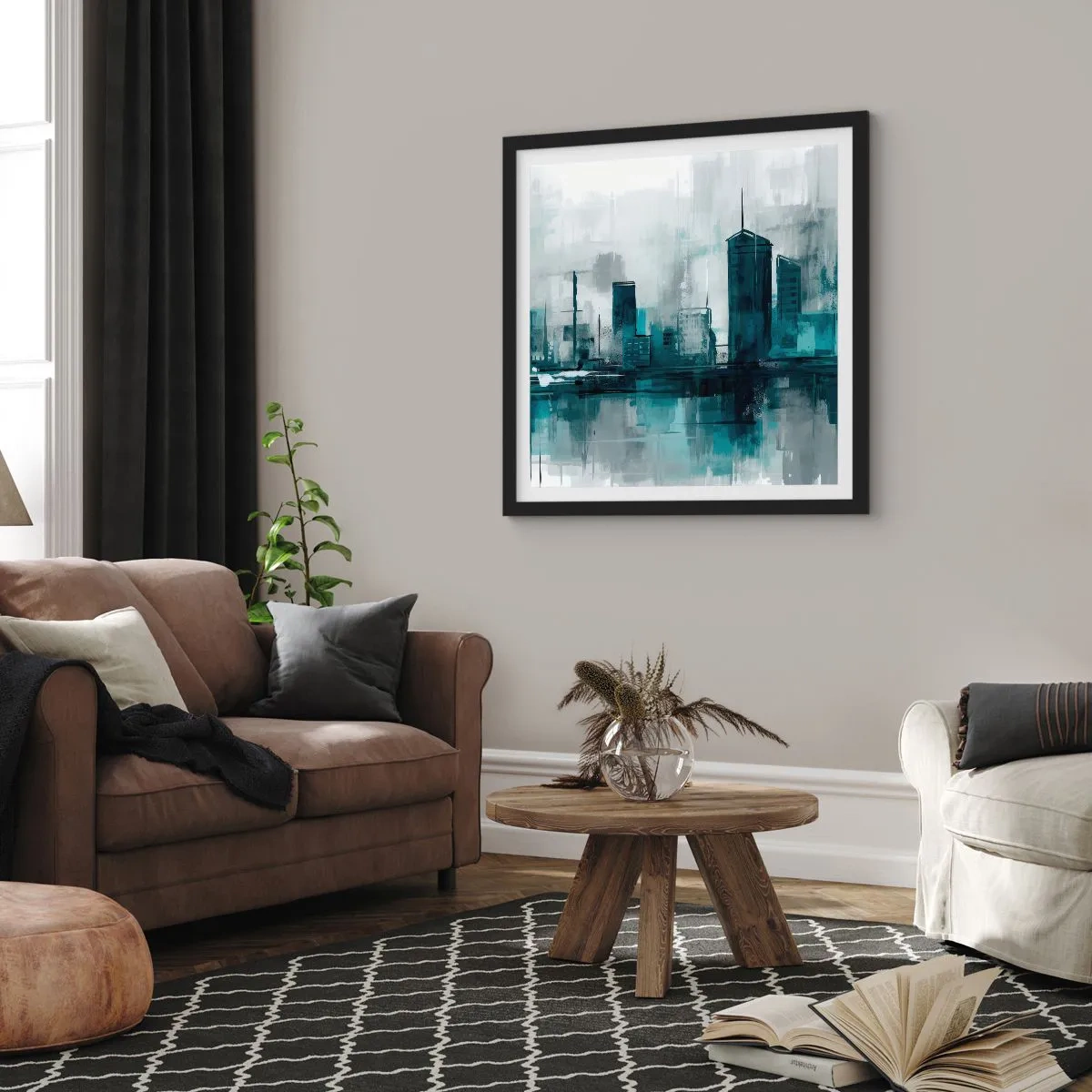 Affiche dans un cadre noir - Poster - Une ville couleur de pluie - 50x50 cm