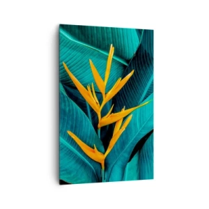 Impression sur toile - Image sur toile - Une fleur exotique sur fond de feuilles de bananier aux tons turquoise. - 80x120cm - Fleur d'Eden - Décoration murale moderne pour le salon et la chambre ARTTOR