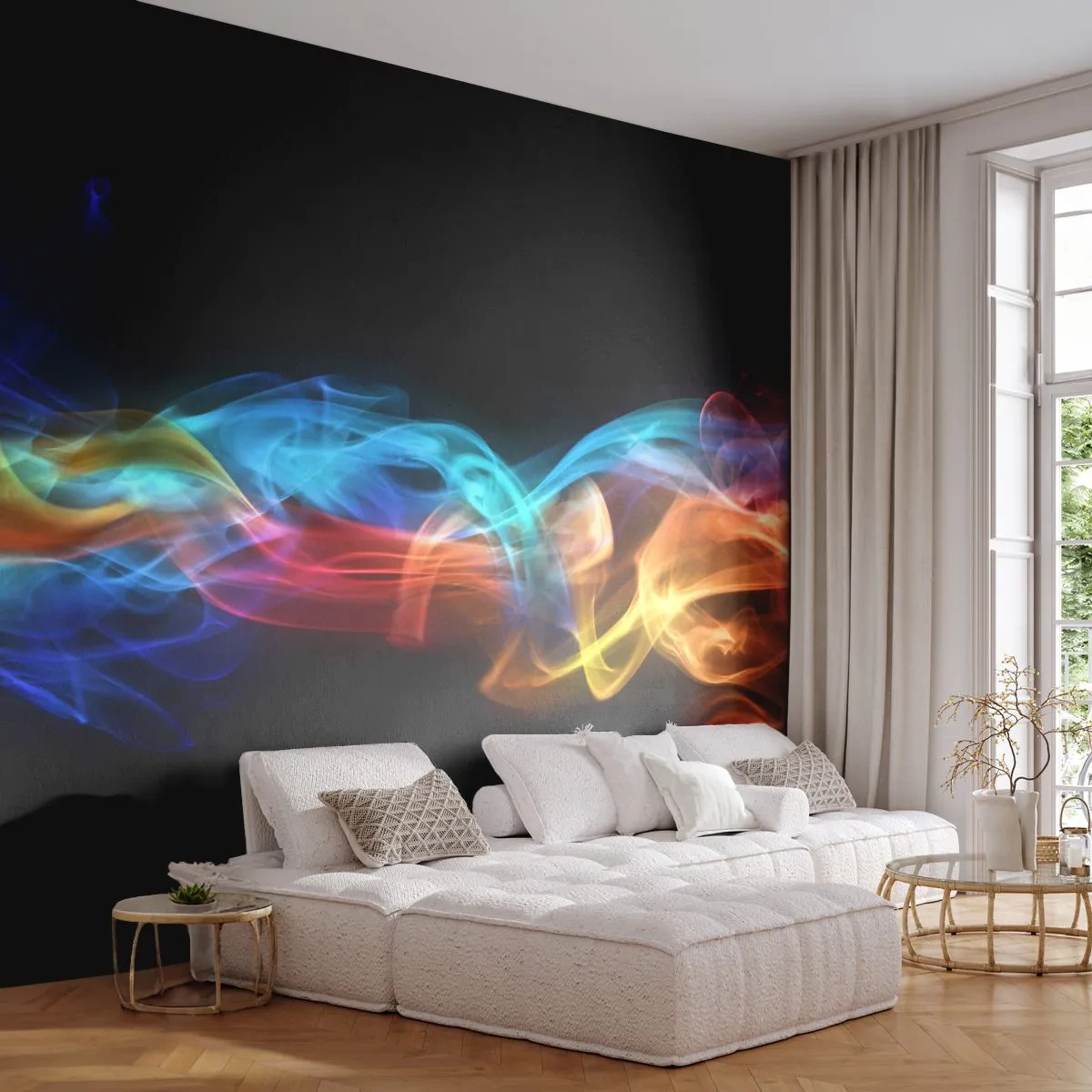 Papier Peint Photo Premium Sand - Vagues colorées de fumée sur fond noir - 100x70cm - Danse arc-en-ciel du brouillard - Décoration murale moderne pour le salon et la chambre ARTTOR
