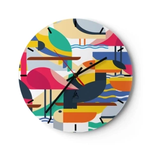 Horloge murale - Pendule murale - Un motif coloré avec des oiseaux et des formes géométriques - 30x30cm - Fête des oiseaux - Décoration murale moderne pour le salon, la cuisine et la chambre ARTTOR