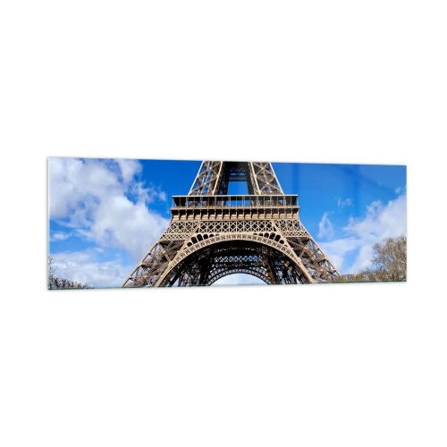 Impression sur verre - Image sur verre - La Tour Eiffel sur fond de ciel bleu et de parc verdoyant - 160x50cm - Tout Paris à ses pieds - Décoration murale moderne pour le salon et la chambre ARTTOR