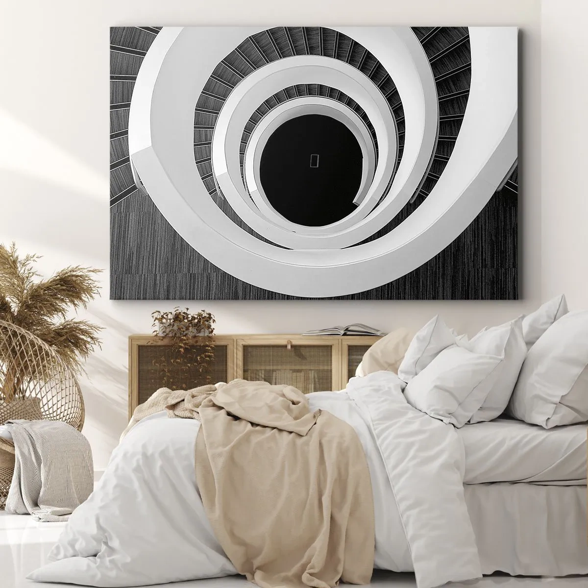 Impression sur toile - Image sur toile - Escalier en colimaçon noir et blanc de style moderne - 100x70cm - Les choses concrêtes - Décoration murale moderne pour le salon et la chambre ARTTOR