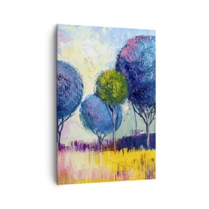 Impression sur toile - Image sur toile - Arbres colorés en forme de boule sur fond de paysage - 70x100cm - Sphère - la forme idéale - Décoration murale moderne pour le salon et la chambre ARTTOR