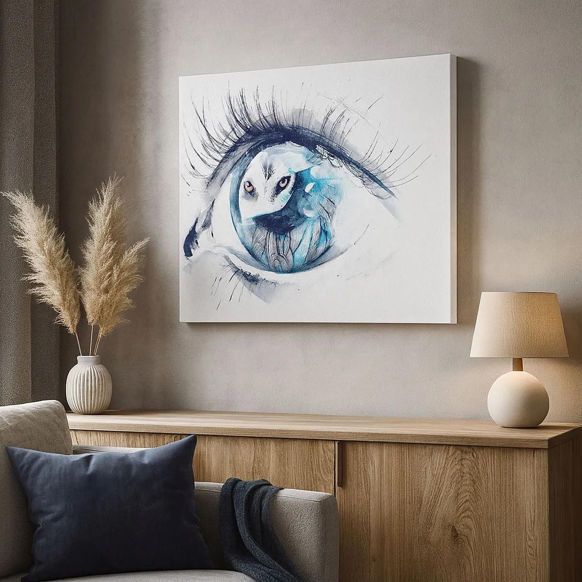Impression sur toile - Image sur toile - Un œil avec une image d'un hibou dans des tons bleus à l'aquarelle - 70x50cm - Face à face avec la nature sauvage - Décoration murale moderne pour le salon et la chambre ARTTOR