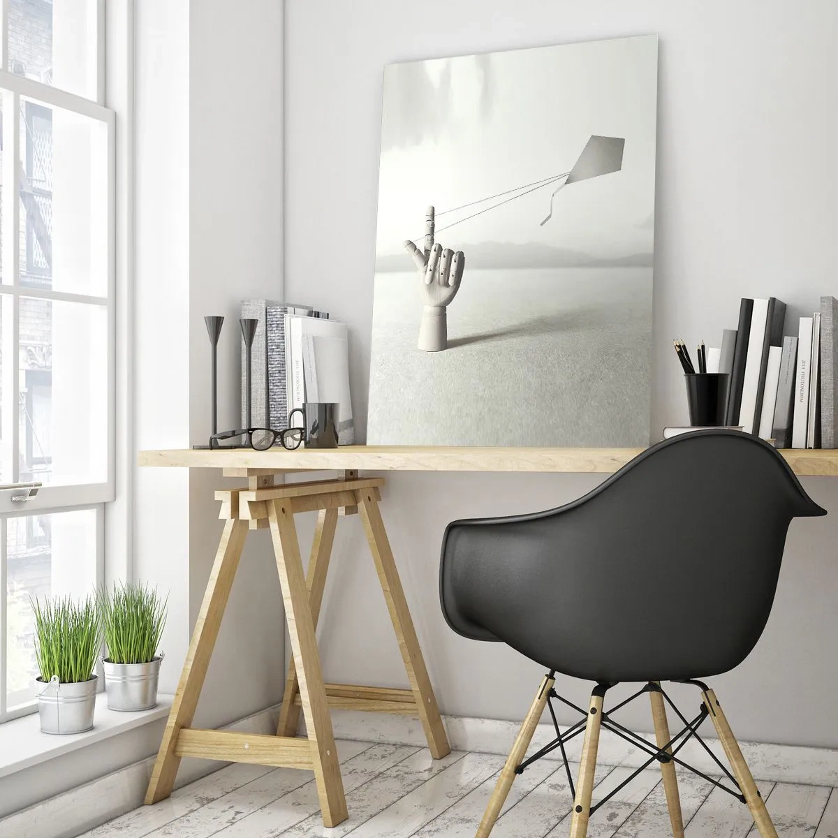 Impression sur verre - Image sur verre - Une main en bois minimaliste avec un cerf-volant sur un fond de paysage. - 70x100cm - Épreuve de force - Décoration murale moderne pour le salon et la chambre ARTTOR