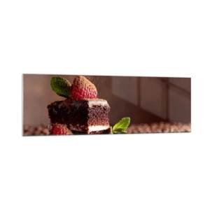 Impression sur verre - Image sur verre - Gâteau au chocolat aux framboises et à la menthe sur fond de fèves de cacao - 160x50cm - La vie est douce - Décoration murale moderne pour le salon et la chambre ARTTOR