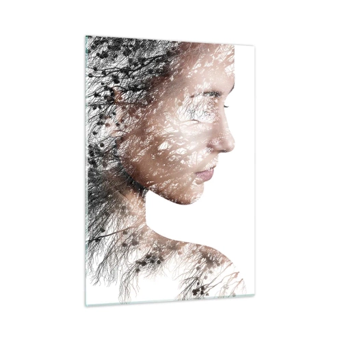 Impression sur verre - Image sur verre - Portrait d'une femme avec des branches en arrière-plan - 50x70cm - L'âme de la forêt - Décoration murale moderne pour le salon et la chambre ARTTOR