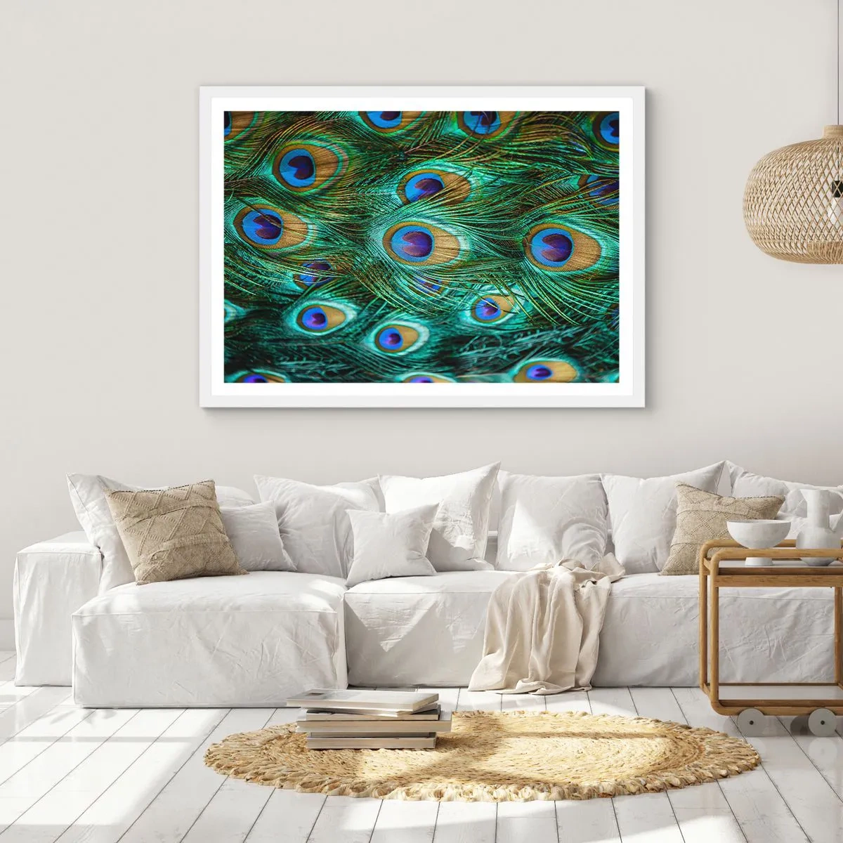 Affiche dans un cadre blanc - Poster - Un regard de paon - 50x40 cm