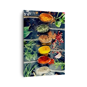 Impression sur toile - Image sur toile - Épices colorées sur des cuillères avec des herbes en arrière-plan - 70x100cm - Magie culinaire - Décoration murale moderne pour le salon et la chambre ARTTOR