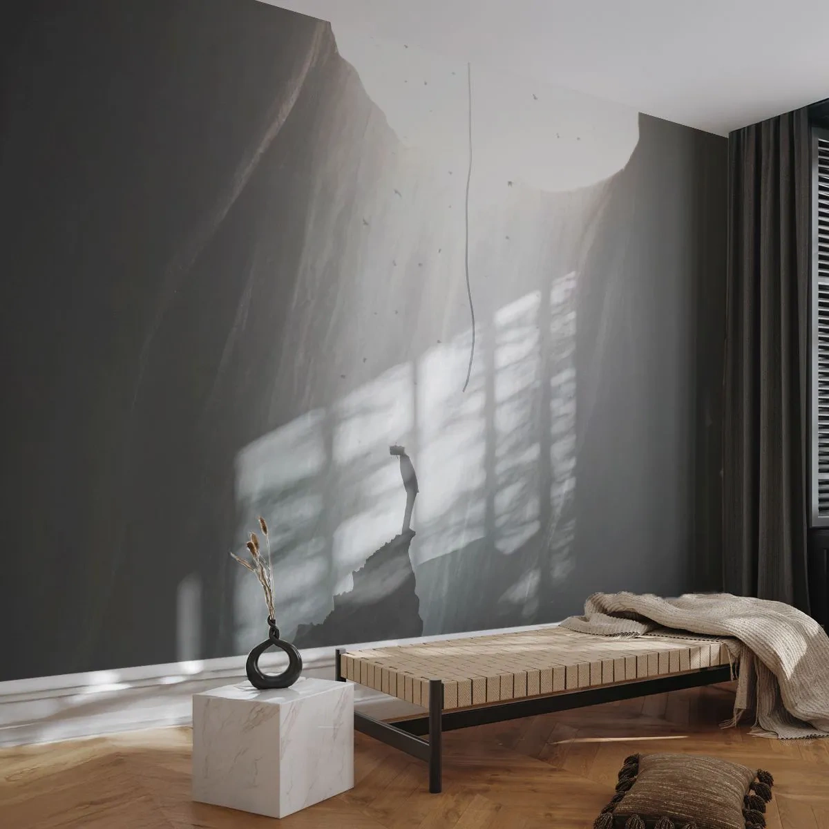 Papier Peint Photo Premium Sand - Silhouette d'un homme sur un rocher éclairé par la lumière d'en haut - 100x70cm - Il y a toujours une issue - Décoration murale moderne pour le salon et la chambre ARTTOR