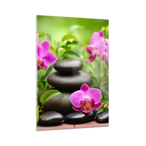 Impression sur verre - Image sur verre - Orchidées roses et pierres noires dans un cadre tranquille - 50x70cm - Pyramide de la Paix - Décoration murale moderne pour le salon et la chambre ARTTOR