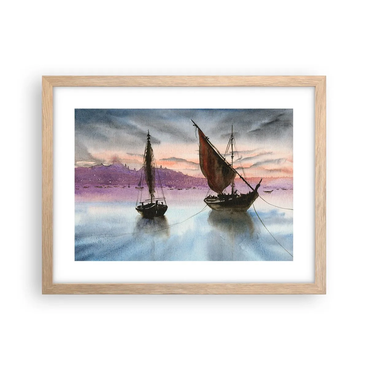 Affiche dans un chêne clair - Poster - Soirée au port - 40x30 cm