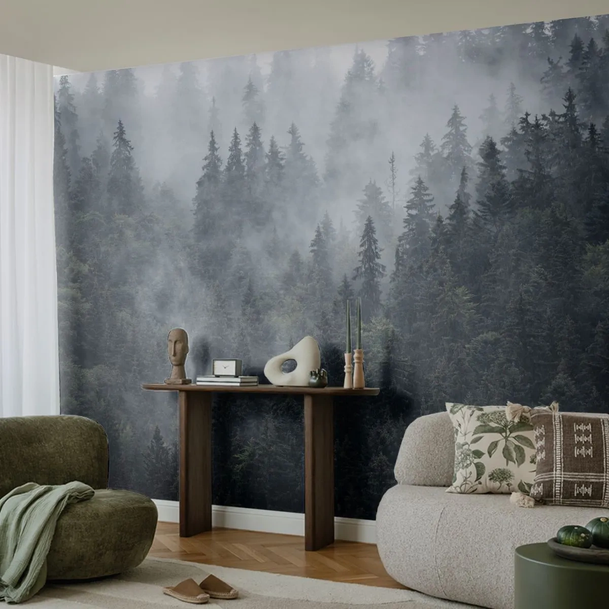 Papier Peint Photo Premium Sand - Une forêt de conifères brumeuse dans un décor mystérieux - 100x70cm - Aube de la forêt - Décoration murale moderne pour le salon et la chambre ARTTOR