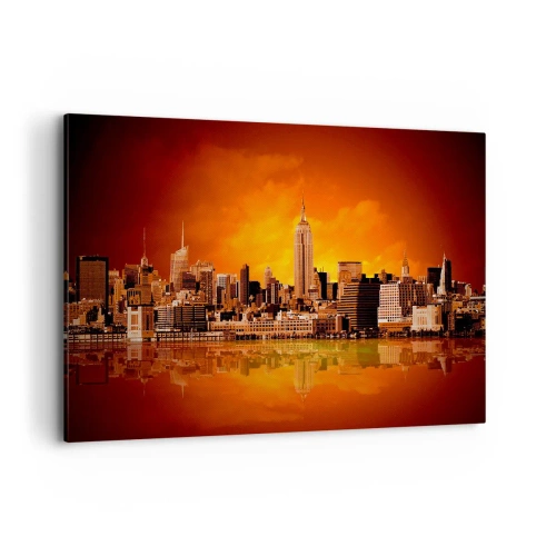 Impression sur toile - Image sur toile - Panorama de la ville au coucher du soleil avec les bâtiments se reflétant dans l'eau - 120x80cm - Panorama de grande ville en jaune et bronze - Décoration murale moderne pour le salon et la chambre ARTTOR