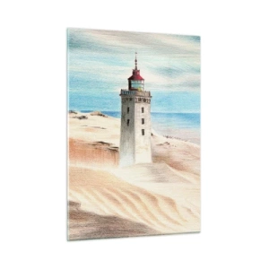 Impression sur verre - Image sur verre - Un phare sur une dune du désert au bord d'une mer calme - 50x70cm - Toujours regarder la mer - Décoration murale moderne pour le salon et la chambre ARTTOR