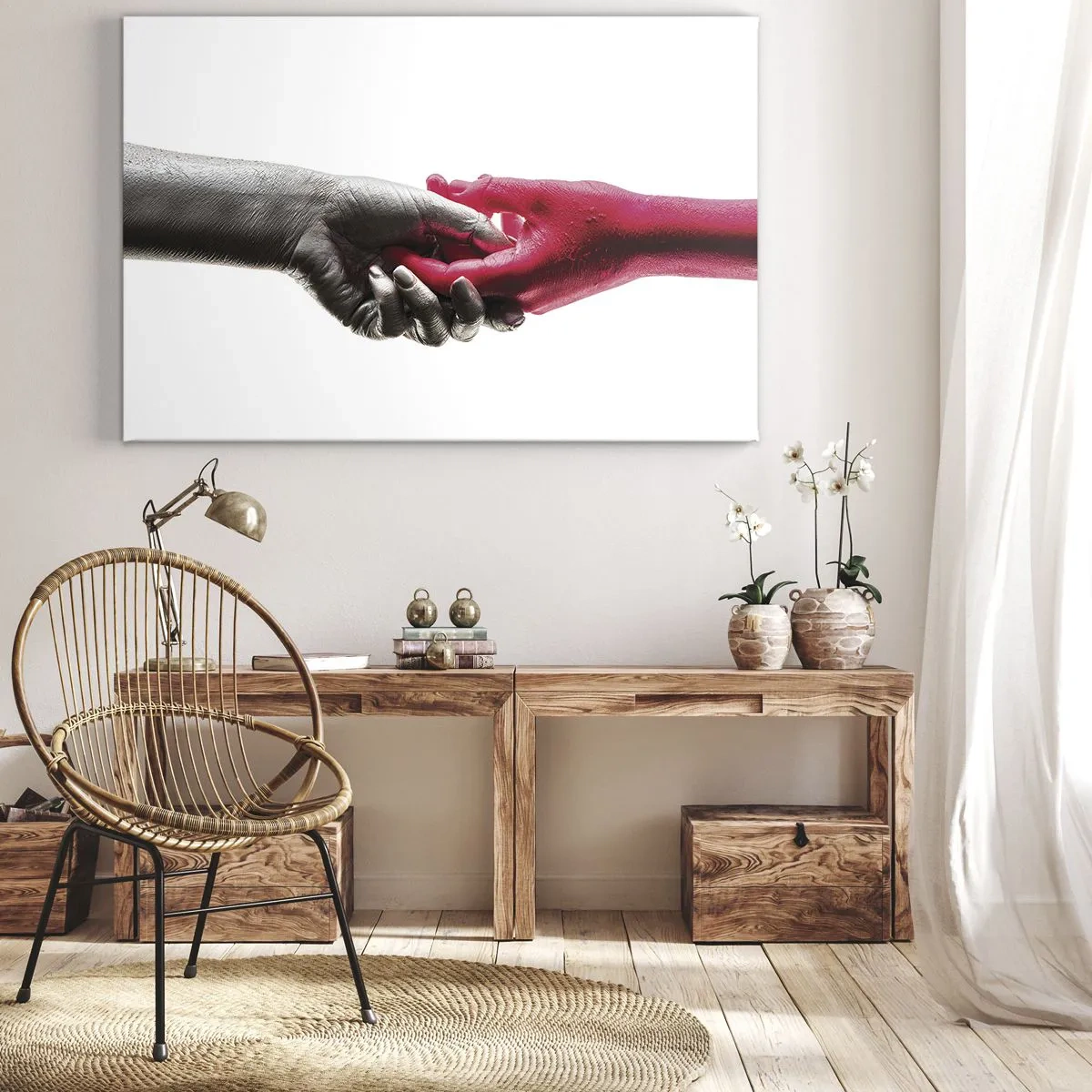 Impression sur toile - Image sur toile - Aiguilles symboliques en argent et rouge - 100x70cm - Ensemble, bien que différents - Décoration murale moderne pour le salon et la chambre ARTTOR