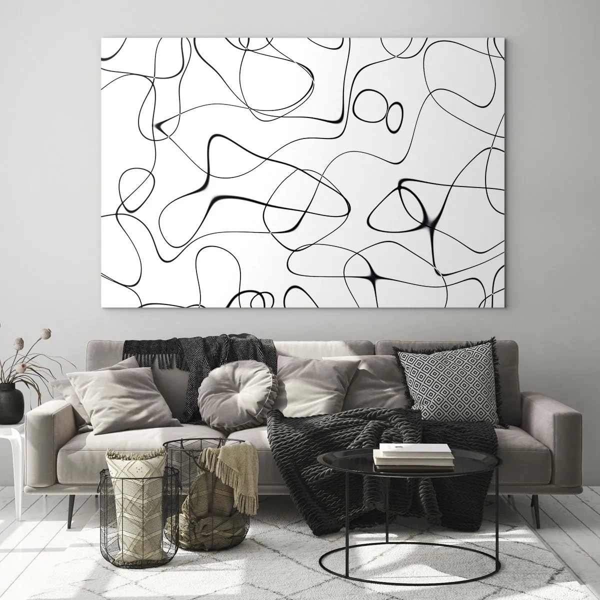 Impression sur verre - Image sur verre - Lignes noires abstraites sur fond blanc - 70x50cm - Le chemin de la vie, les voies du hasard - Décoration murale moderne pour le salon et la chambre ARTTOR