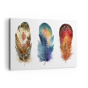 Impression sur toile - Image sur toile - Trois plumes colorées avec des motifs artistiques sur un fond clair - 120x80cm - Rituels, cérémonies, secrets - Décoration murale moderne pour le salon et la chambre ARTTOR