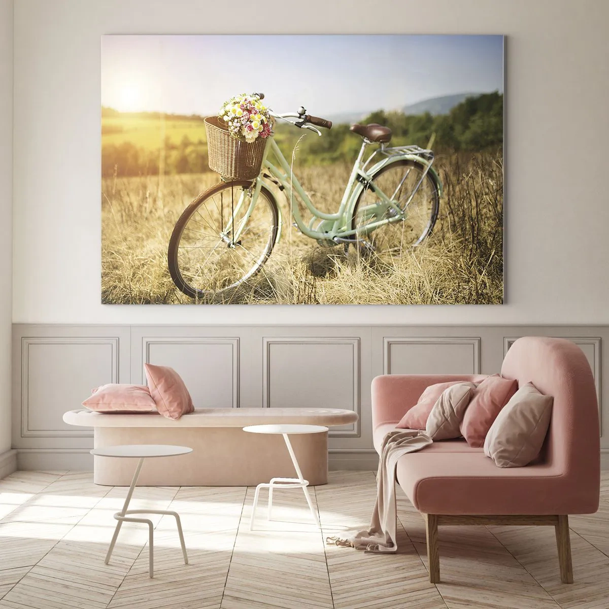 Impression sur verre - Image sur verre - Vélo rétro avec des fleurs sur fond naturel - 70x50cm - Je vais rester un petit moment - Décoration murale moderne pour le salon et la chambre ARTTOR