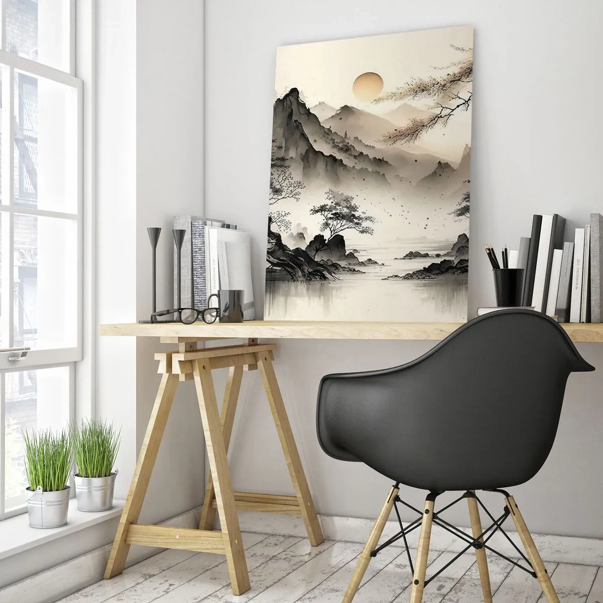 Impression sur verre - Image sur verre - Un paysage oriental avec des montagnes et une pagode aux nuances délicates. - 70x100cm - Le charme unique de l'Orient - Décoration murale moderne pour le salon et la chambre ARTTOR