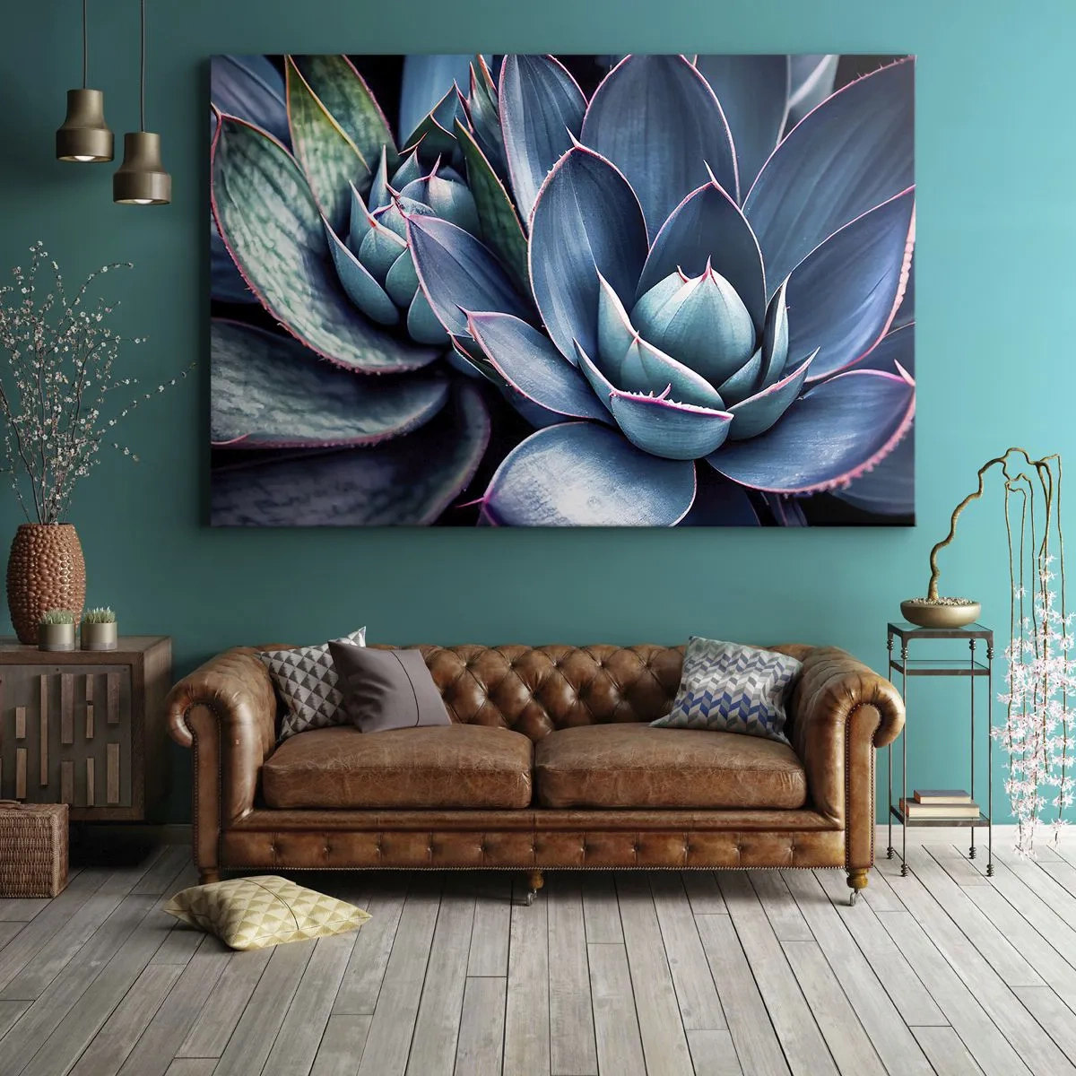 Impression sur toile - Image sur toile - Agave dans des tons de bleu et de vert avec des accents roses - 120x80cm - Force vital - Décoration murale moderne pour le salon et la chambre ARTTOR