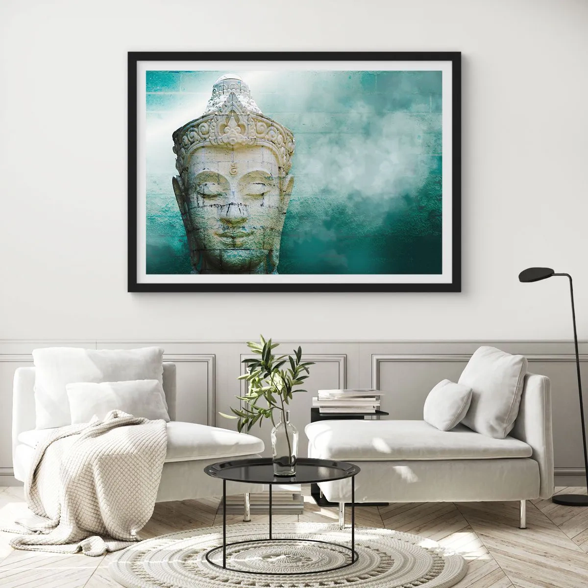 Affiche dans un cadre noir - Poster - Statue de Bouddha avec une douce brume sur un fond vert - 100x70cm - A la recherche de la lumière - Décoration murale moderne pour le salon et la chambre ARTTOR