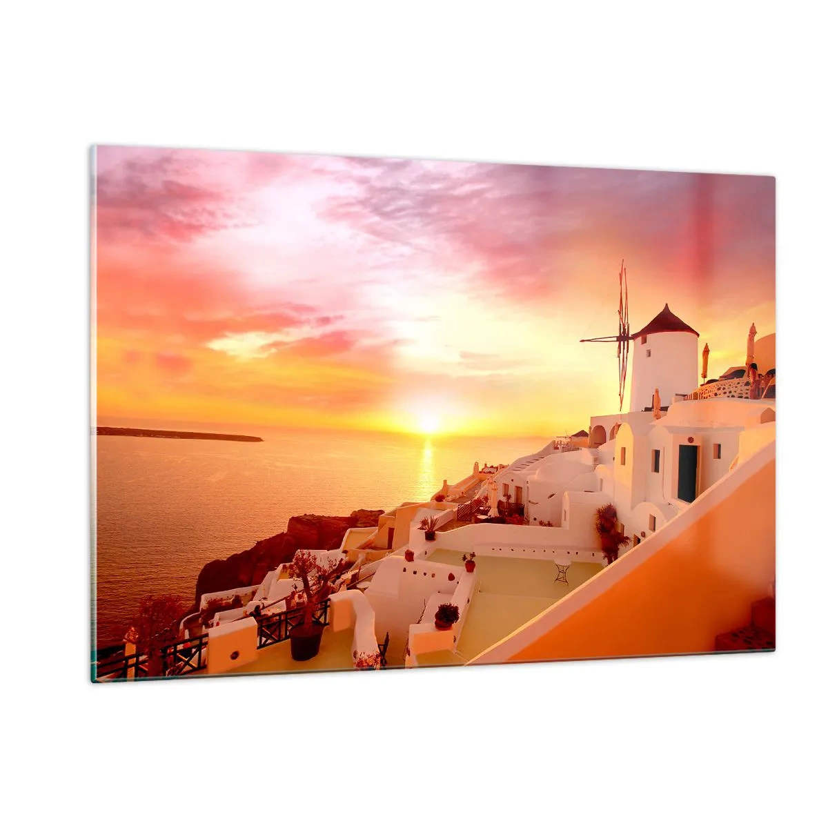 Impression sur verre - Image sur verre - Coucher de soleil sur Santorin avec des bâtiments blancs et un moulin à vent - 120x80cm - Fondre en blanc et or - Décoration murale moderne pour le salon et la chambre ARTTOR