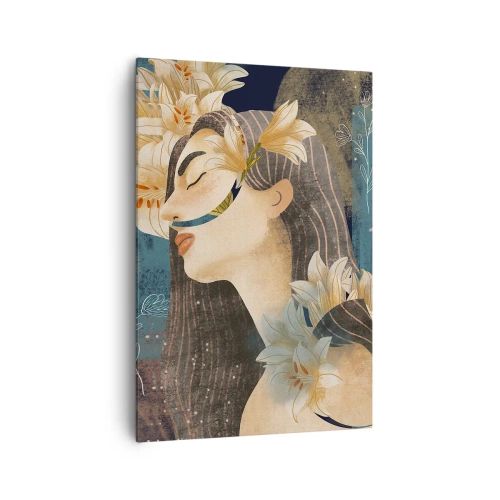 Impression sur toile - Image sur toile - Portrait d'une femme avec des fleurs dans un style artistique sur fond sombre - 70x100cm - Conte de fée sur la princesse lilas - Décoration murale moderne pour le salon et la chambre ARTTOR