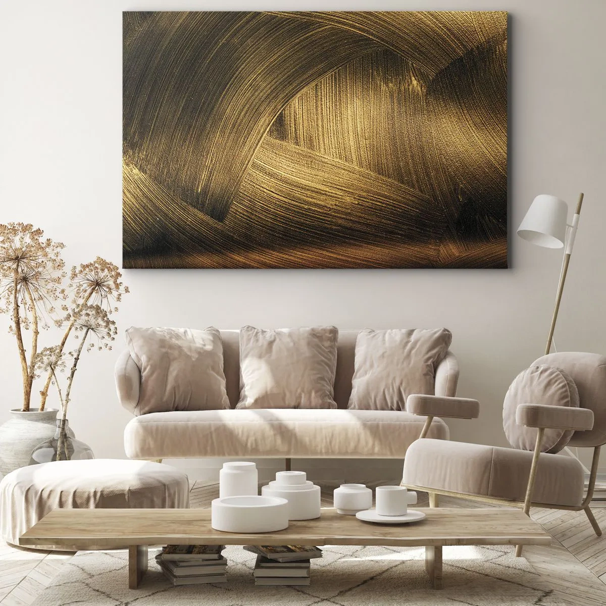 Impression sur toile - Image sur toile - Coups de pinceau abstraits dorés - 120x80cm - Dans un labyrinthe en or - Décoration murale moderne pour le salon et la chambre ARTTOR