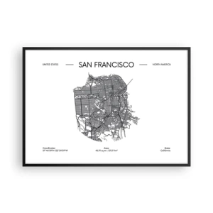 Affiche dans un cadre noir - Poster - Une carte de San Francisco dans un style minimaliste en noir et blanc. - 100x70cm - Anatomie de San Fransisco - Décoration murale moderne pour le salon et la chambre ARTTOR