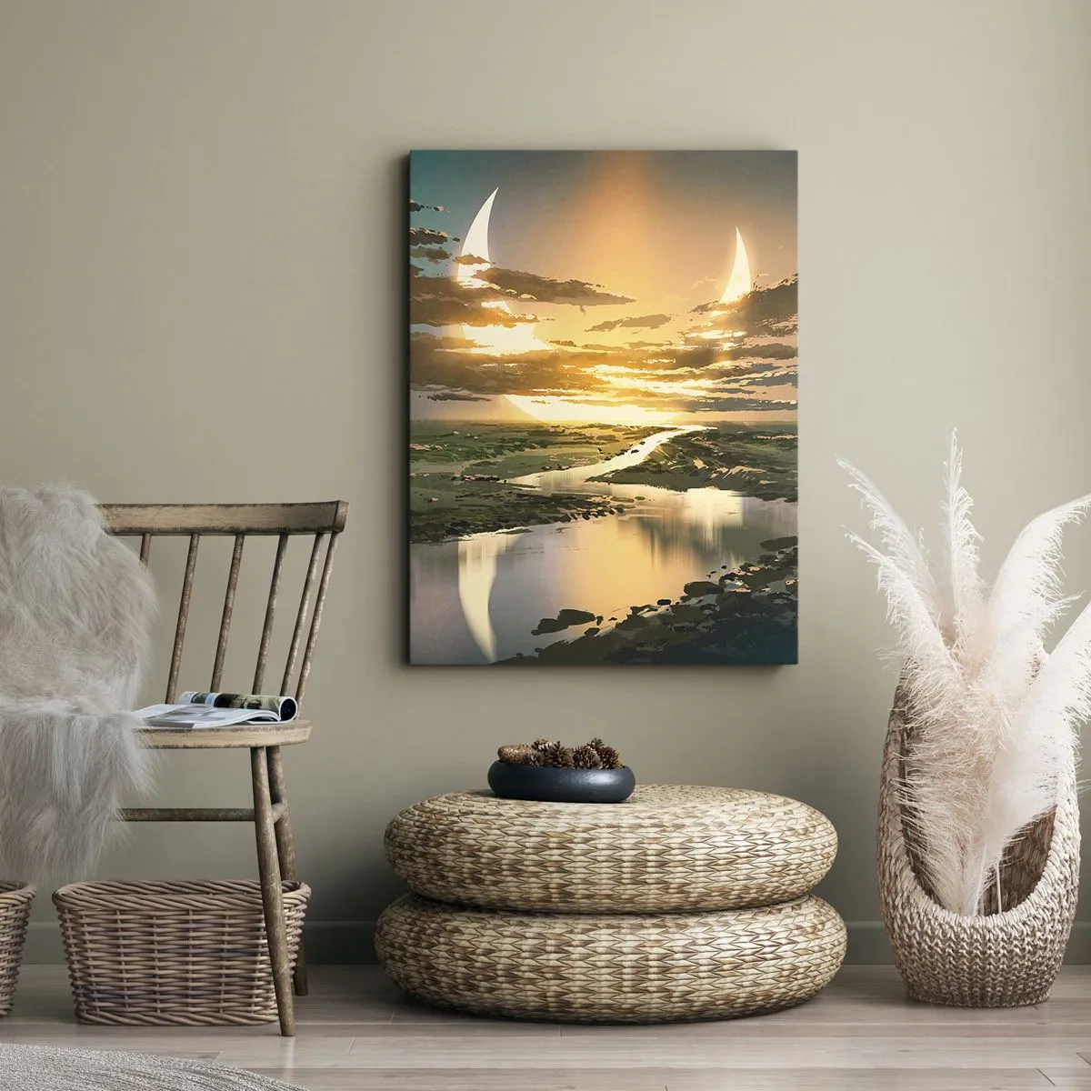 Impression sur toile - Image sur toile - Un paysage fantastique avec deux lunes à l'horizon - 80x120cm - Quelque part dans une galaxie lointaine, très lointaine - Décoration murale moderne pour le salon et la chambre ARTTOR