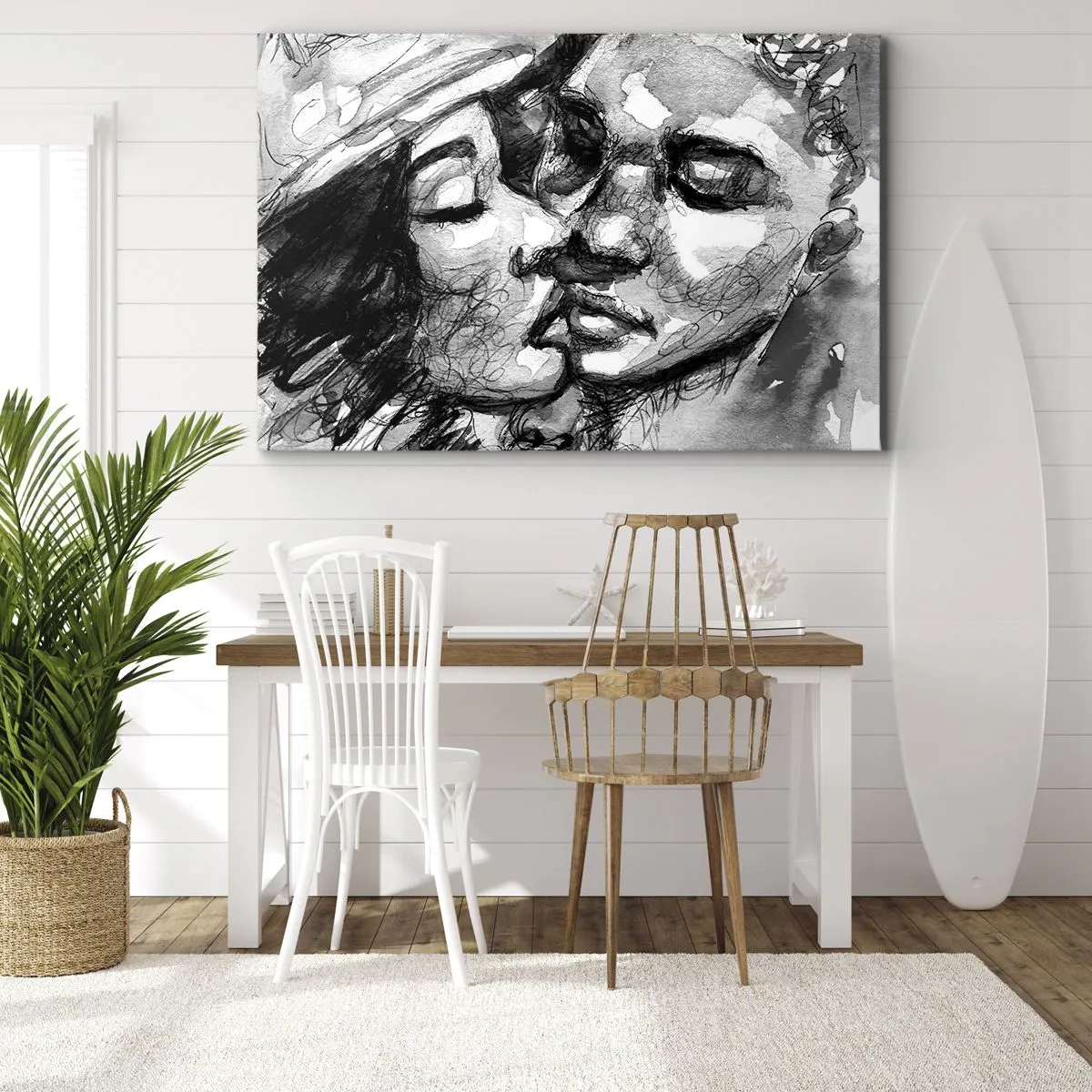 Impression sur toile - Image sur toile - Une aquarelle en noir et blanc représentant un moment intime entre deux personnes. - 120x80cm - Un moment tendre - Décoration murale moderne pour le salon et la chambre ARTTOR