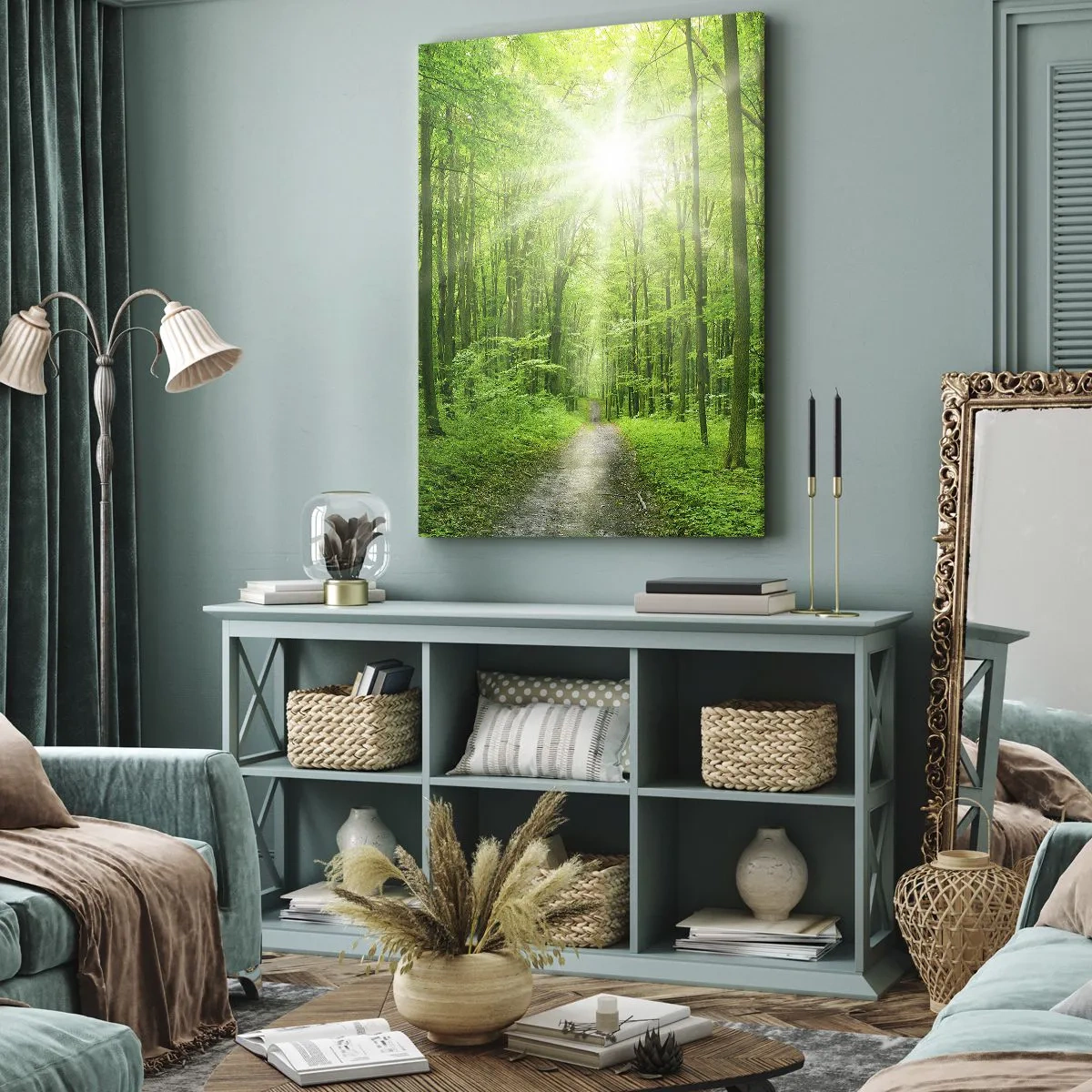 Impression sur toile - Image sur toile - Chemin dans la forêt avec les rayons du soleil - 80x120cm - Cathédrale verte - Décoration murale moderne pour le salon et la chambre ARTTOR