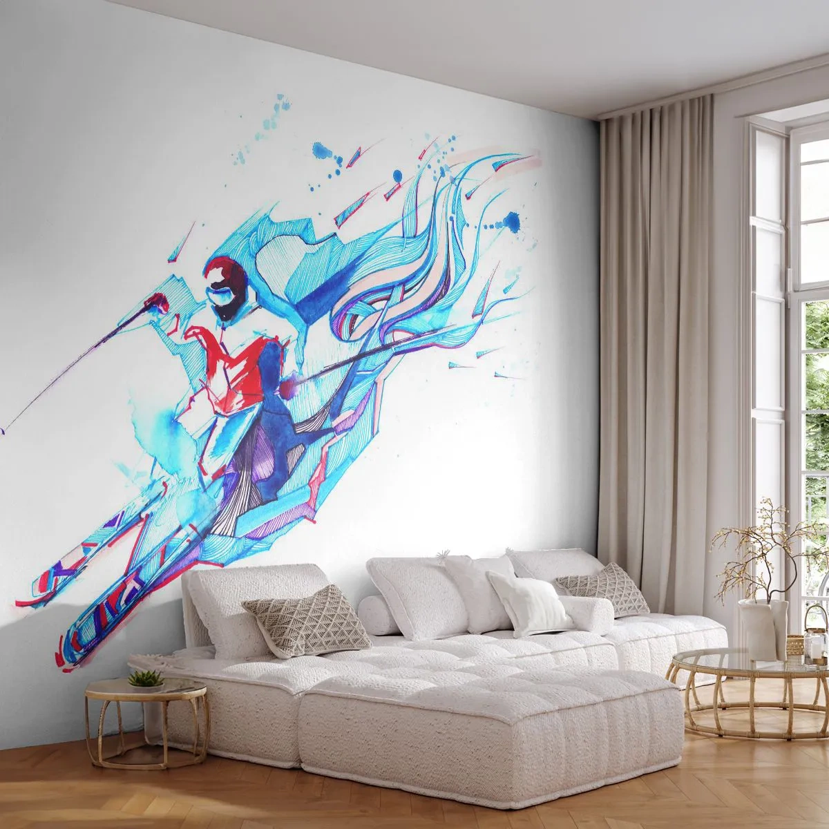 Papier Peint Photo Premium Sand - Un skieur dans une composition aquarelle dynamique - 100x70cm - Ruée folle vers la joie - Décoration murale moderne pour le salon et la chambre ARTTOR