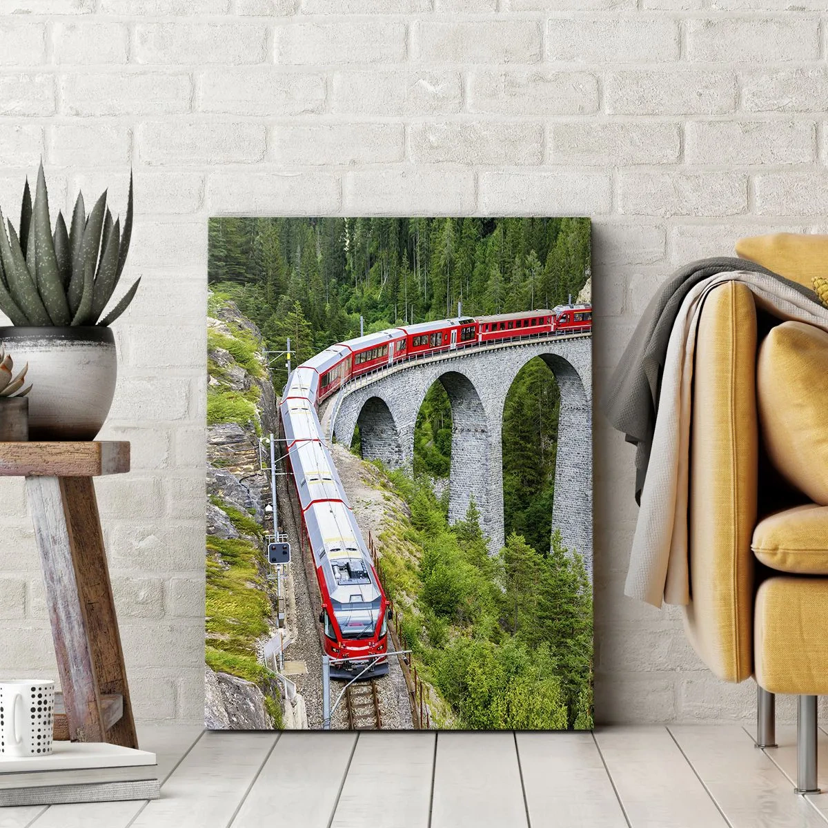 Impression sur toile - Image sur toile - Un train sur un viaduc pittoresque dans un paysage montagneux - 80x120cm - Chemin de fer avec vue sur la montagne - Décoration murale moderne pour le salon et la chambre ARTTOR