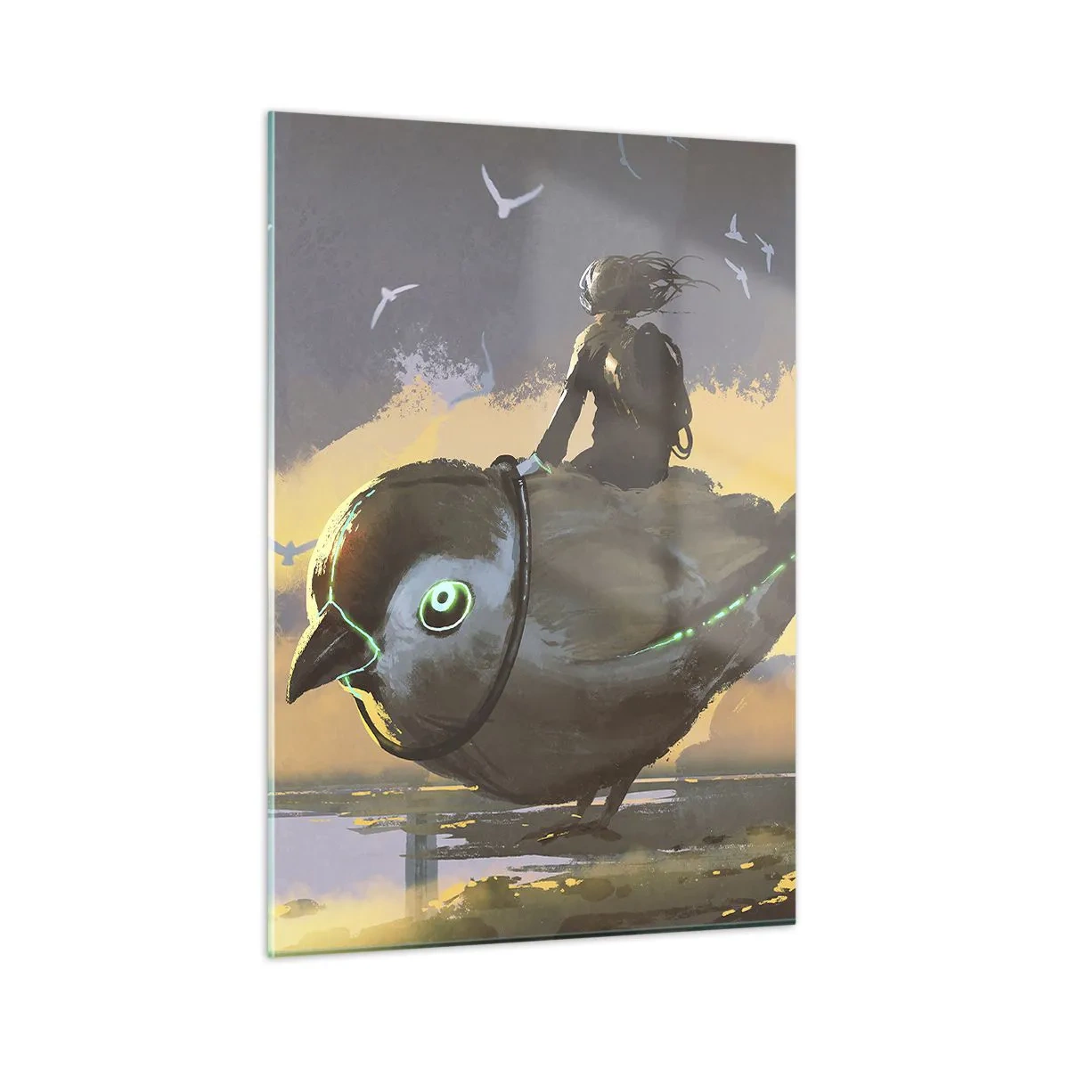 Impression sur verre - Image sur verre - Une figure sur un oiseau géant à la lumière du soleil couchant - 50x70cm - Un arrêt sur un voyage fantastique - Décoration murale moderne pour le salon et la chambre ARTTOR