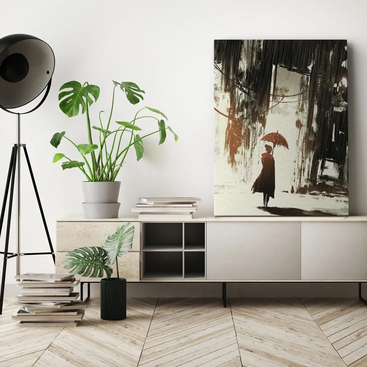 Impression sur toile - Image sur toile - Une figure rouge avec un parapluie dans une scène pluvieuse - 80x120cm - La poésie du parapluie rouge - Décoration murale moderne pour le salon et la chambre ARTTOR