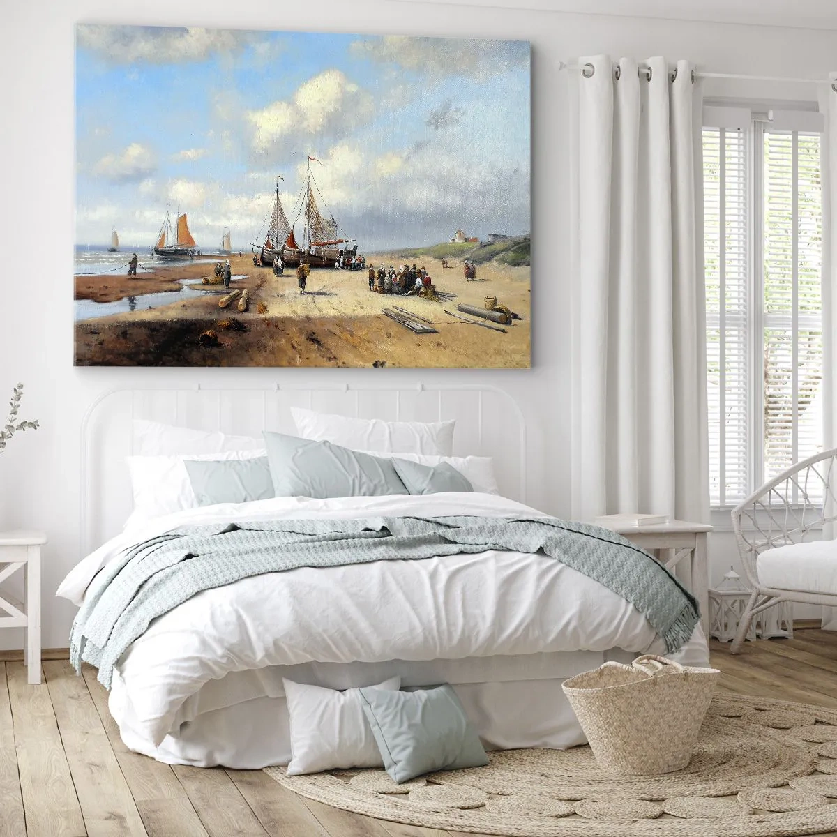 Impression sur toile - Image sur toile - Bateaux de pêche sur la plage avec des figures humaines - 70x50cm - Après une capture réussie - Décoration murale moderne pour le salon et la chambre ARTTOR