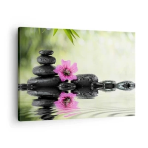 Impression sur toile - Image sur toile - Des pierres zen et une fleur rose se reflétant dans l'eau - 70x50cm - Temps pour l'âme - Décoration murale moderne pour le salon et la chambre ARTTOR