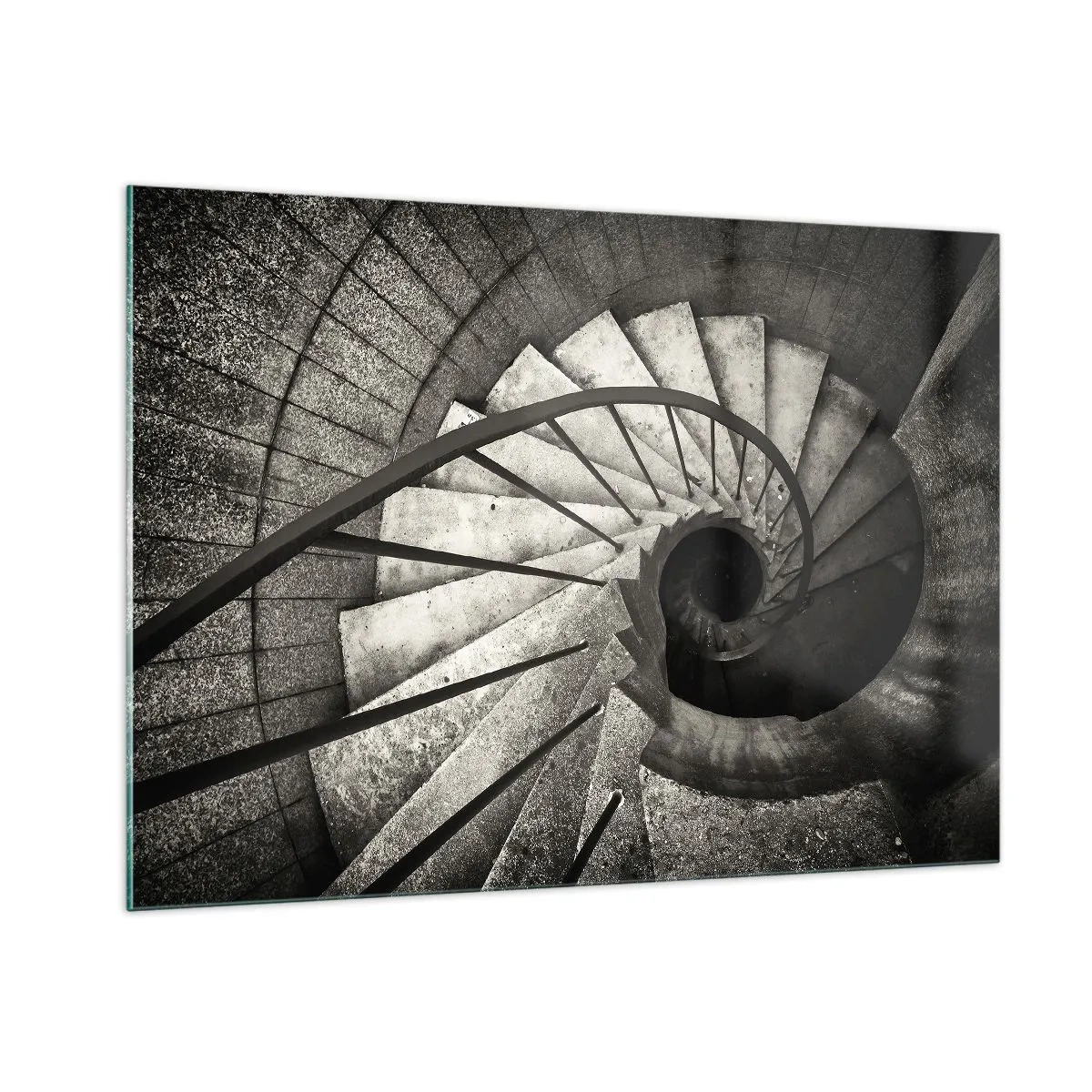 Impression sur verre - Image sur verre - Un escalier en colimaçon noir et blanc vu à vol d'oiseau - 100x70cm - En haut des escaliers, en bas des escaliers - Décoration murale moderne pour le salon et la chambre ARTTOR