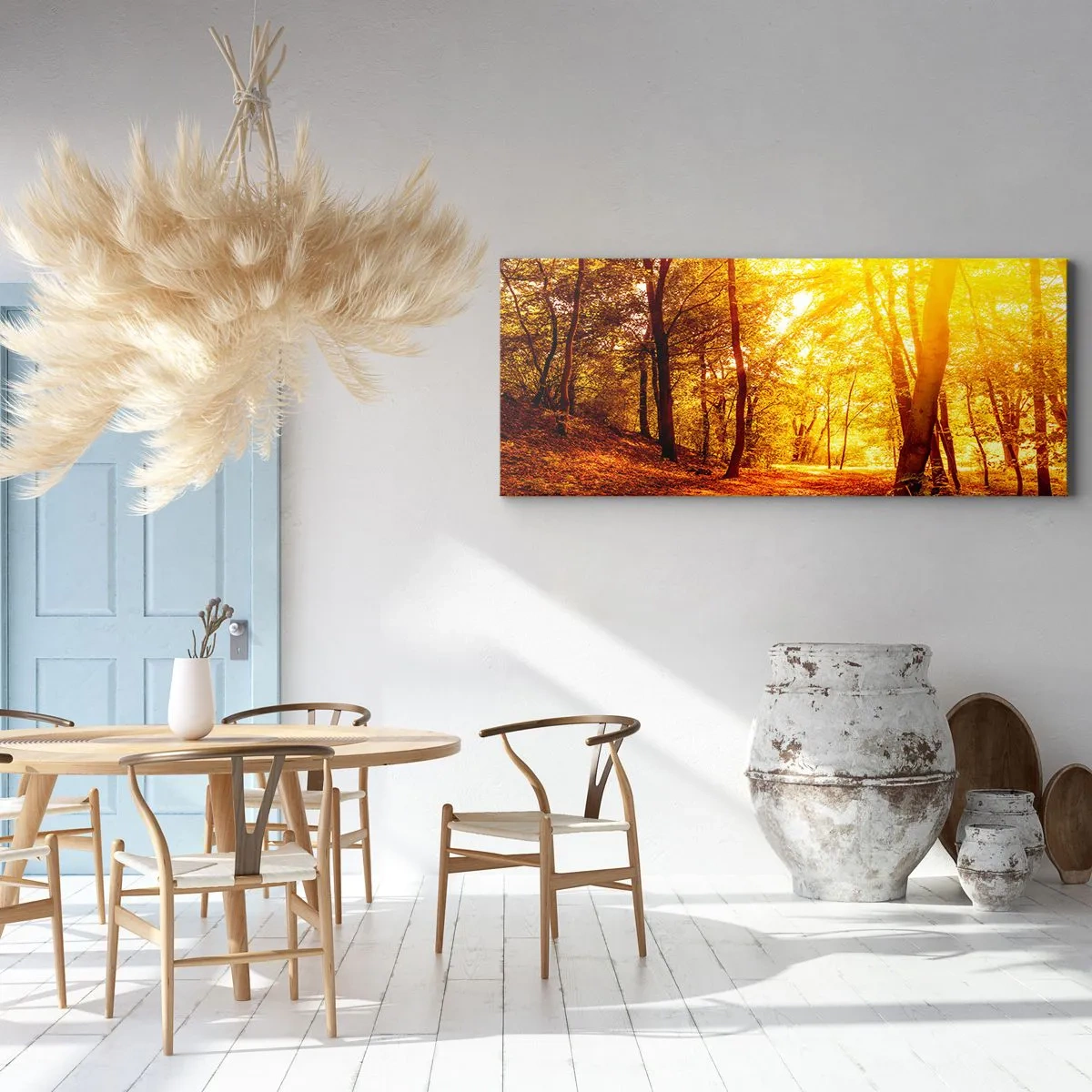 Impression sur toile - Image sur toile - Clairière d'automne sous le soleil doré avec un sentier forestier - 120x50cm - Vers la clairière dorée - Décoration murale moderne pour le salon et la chambre ARTTOR
